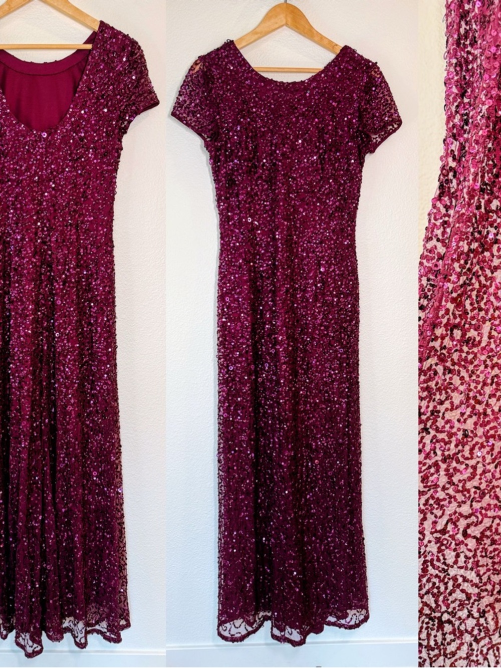 Adrianna Papell Wine-Red Sequin Evening Gown Formal Dress